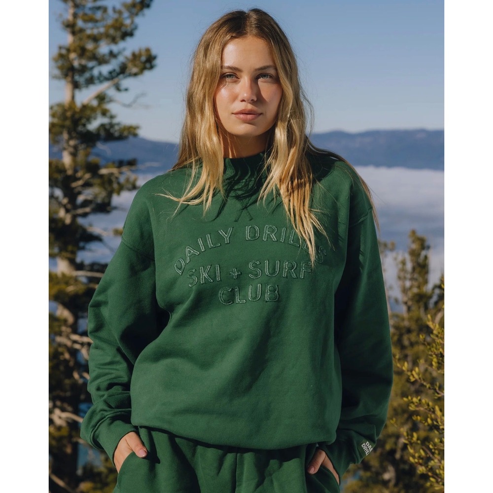 Daily Drills Unisex Vintage Crew XS/S Forest Green Ski Surf Club Applique Sweat